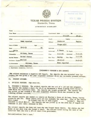 Primary view of object titled '[Admission Summary - Texas Prison System - October 7, 1954]'.