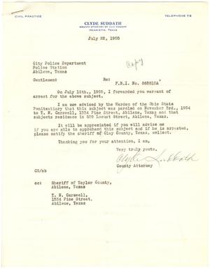 Primary view of object titled '[Letter from Clyde Suddath to City Police Department Abilene, Texas - July 22, 1955]'.