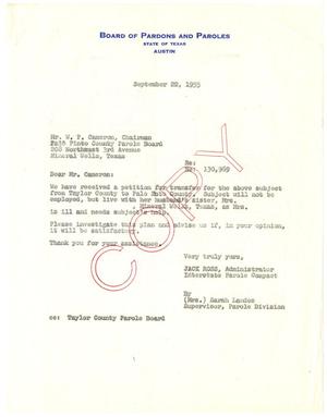 Primary view of object titled '[Letter from Sarah Landes to W. P. Cameron - September 22, 1955]'.