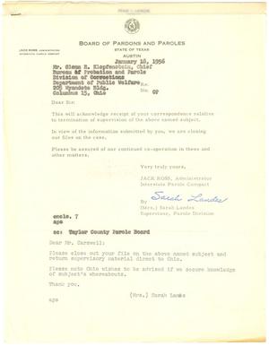 Primary view of object titled '[Form letter from Sarah Landes to Glenn R. Klopfenstein - January 18, 1956]'.