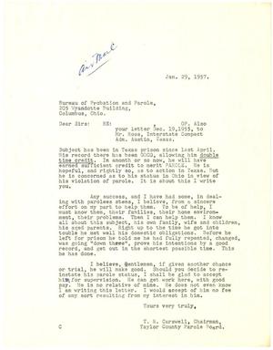 Primary view of object titled '[Letter from T. N. Carswell to Bureau of Probation and Parole, Ohio - January 29, 1957]'.