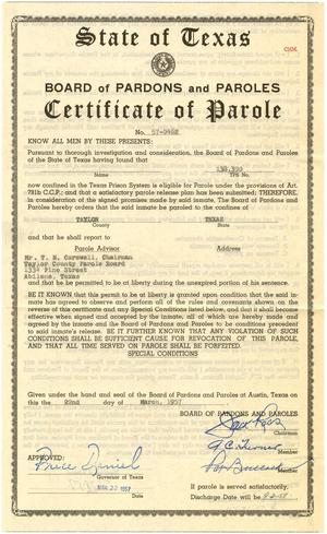 [State of Texas Certificate of Parole - No. 57-0462 for TPS No. 138,390 - March 22, 1957]