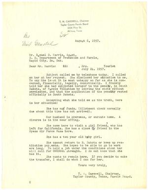 [Letter from T. N. Carswell to Samuel D. Harris - August 6, 1957]