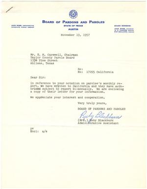 [Letter from Ruby Blackburn to T. N. Carswell - November 19, 1957]