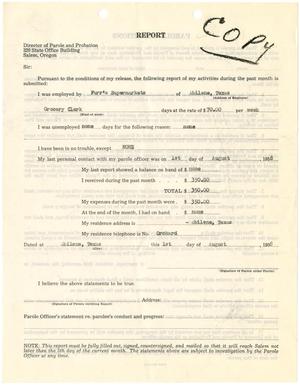 Primary view of object titled '[Report from parolee to the Director of Parole and Probation, Oregon - August 1, 1958]'.