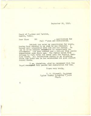 Primary view of object titled '[Letter from T. N. Carswell to Board of Pardons and Paroles, Texas - September 26, 1958]'.