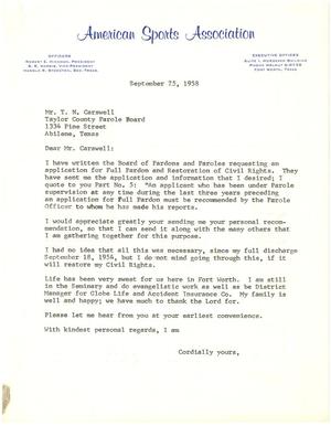 [Letter from parolee to T. N. Carswell - September 25, 1958]