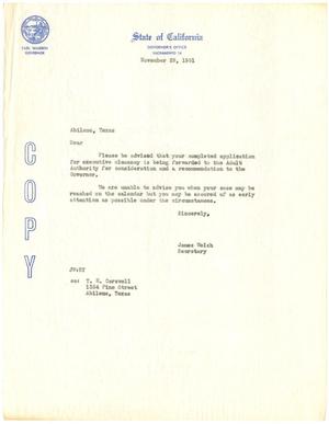 Primary view of object titled '[Letter from James Welsh to parolee, copy to T. N. Carswell - November 29, 1951]'.