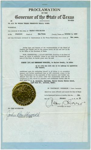 Primary view of object titled '[PROCLAMATION BY Governor Allan Shivers granting emergency reprieve - January 5, 1952]'.