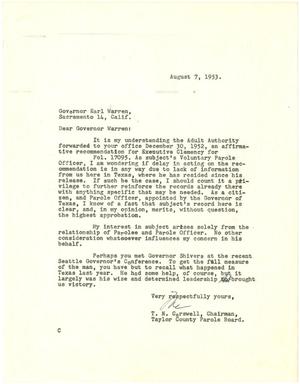 [Letter from T. N. Carswell to Governor Earl Warren - August 7, 1953]