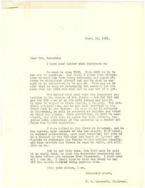 [Letter from T. N. Carswell to Hattie Breeding - September 22, 1953]