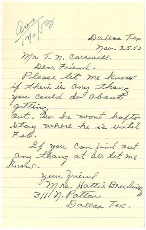 [Letter from Hattie Breeding to T. N. Carswell - November 25, 1953]