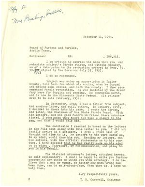 [Letter from T. N. Carswell to Board of Pardons and Paroles, Texas - December 11, 1953]