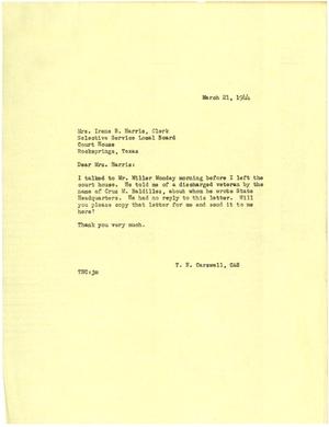 [Letter from T. N. Carswell to Mrs. Irene B. Harris - March 21, 1944]