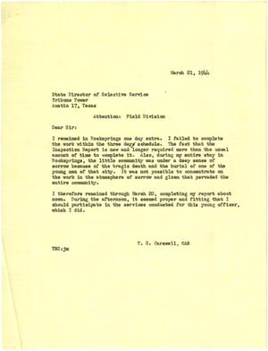Primary view of object titled '[Letter from T. N. Carswell to the State Director of Selective Service, Texas - March 21, 1944]'.