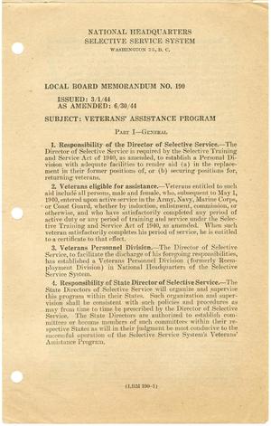 [Selective Service System Local Board Memorandum No. 190-A - as amended - Veterans' Assistance Program]