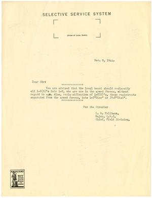 [Form letter from Major L. M. Fellbaum - November 9, 1944]