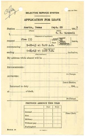 [Selective Service System Application for Leave for T. N. Carswell - September 20, 1943]