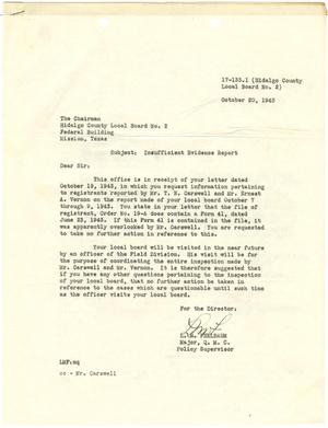 [Letter from Major L. M. Fellbaum to The Chairman, Hidalgo County Local Board No. 2 - October 20, 1943]