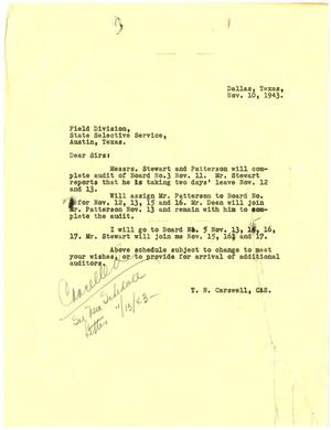 [Letter from T. N. Carswell to Field Division, Austin, Texas - November 10, 1943]