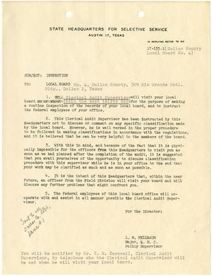 Primary view of object titled '[Form letter from Major L. M. Fellbaum to Local Board No. 4, Dallas County - 1943]'.