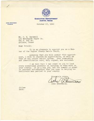 [Letter and Certificate:  From Governor Coke Stevenson to T. N. Carswell - October 17, 1942]