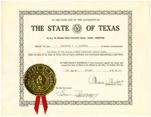 Primary view of object titled '[Certificate by Governor Allan Shivers commissioning T. N. Carswell as Chairman of the Taylor County Parole Board - October 1, 1949]'.