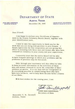 [Form letter from John Ben Shepperd to T. N. Carswell - December 20, 1950]