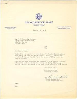 [Letter from Pauline Kirk to T. N. Carswell - February 27, 1951]