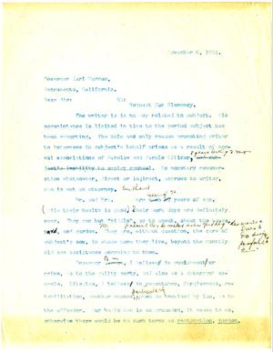 Primary view of object titled '[Letter from T. N. Carswell to Governor Earl Warren - November 6, 1951]'.