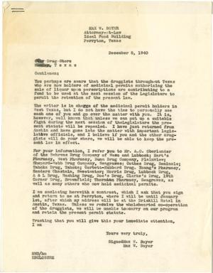 Primary view of object titled '[Form letter from Max W. Boyer addressed to Texas Drug Stores - December 5, 1940]'.