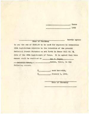 Primary view of object titled '[Blank Contract Requesting Funding by Druggists for Medicinal Permit Statutes - January 1, 1941]'.