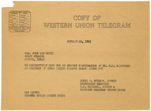 [Telegram from James P. Stinson and T. N. Carswell to Senator John Lee Smith - January 28, 1941]