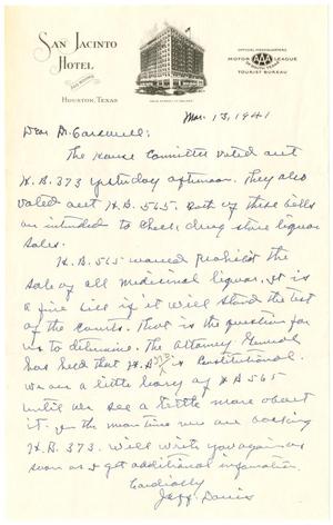 Primary view of object titled '[Letter from Jeff Davis to T. N. Carswell - March 13, 1941]'.