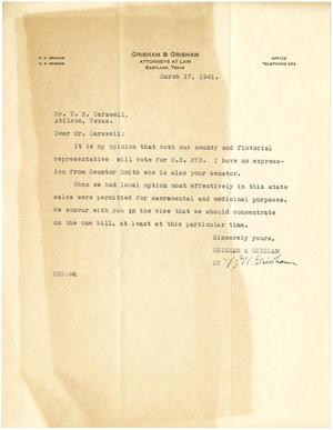 Primary view of object titled '[Letter from R. N. Grisham to T. N. Carswell - March 17, 1941]'.
