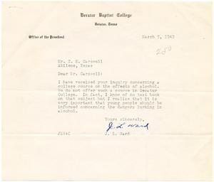 Primary view of object titled '[Letter from J. L. Ward, Decatur Baptist College, Decatur, Texas to T. N. Carswell - March 5, 1942]'.