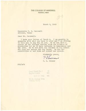 Primary view of object titled '[Letter from F. S. Groner to T. N. Carswell - March 5, 1942]'.