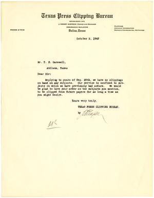 [Letter from J. H. Simpson, Texas Press Clipping Bureau to T. N. Carswell - October 2, 1942]