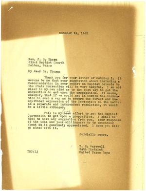 Primary view of object titled '[Letter from T. N. Carswell to J. D. Thorn - October 14, 1942]'.
