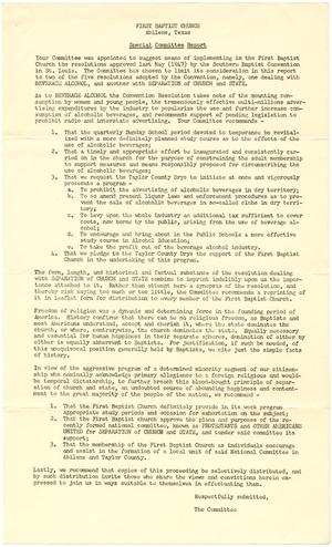 [Special Committee Report from the First Baptist Church, Abilene, Texas regarding Beverage Alcohol and Separation of Church and State.]