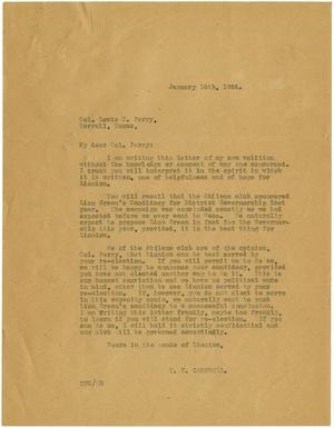 Primary view of object titled '[Letter from T. N. Carswell to Colonel Lewis C. Perry - January 16, 1924]'.