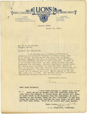 [Letter from T. N. Carswell to W. K. Wingfield - March 29, 1924]