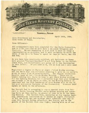 Primary view of object titled '[Form letter and Certificate:  From Louis C. Perry addressed to Lion Presidents and Secretaries, Lion Clubs of Texas - April 18, 1924]'.