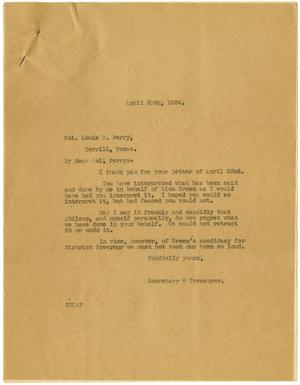 Primary view of object titled '[Letter from T. N. Carswell to Lewis C. Perry - April 26, 1924]'.