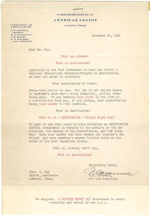 Primary view of object titled '[Form letter from T. N. Carswell to Chas. A. Guy - November 25, 1941]'.
