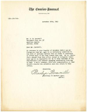 Primary view of object titled '[Letter from Marilyn Moosmiller to T. N. Carswell - November 26, 1941]'.