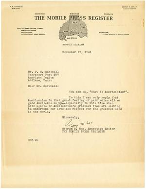 Primary view of object titled '[Letter from George M. Cox to T. N. Carswell - November 27, 1941]'.