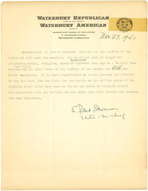 Primary view of object titled '[Political statement from E. Robert Stevenson - November 27, 1941]'.