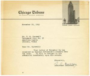 [Letter from D. A. Murray to T. N. Carswell - November 29, 1941]