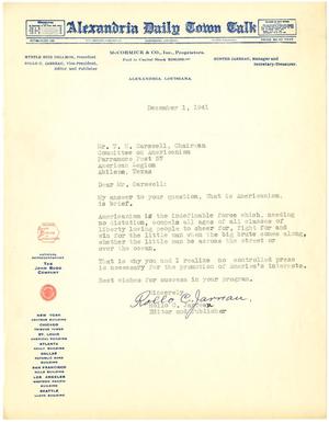 [Letter from Rollo C. Jarreau to T. N. Carswell - December 1, 1941]
